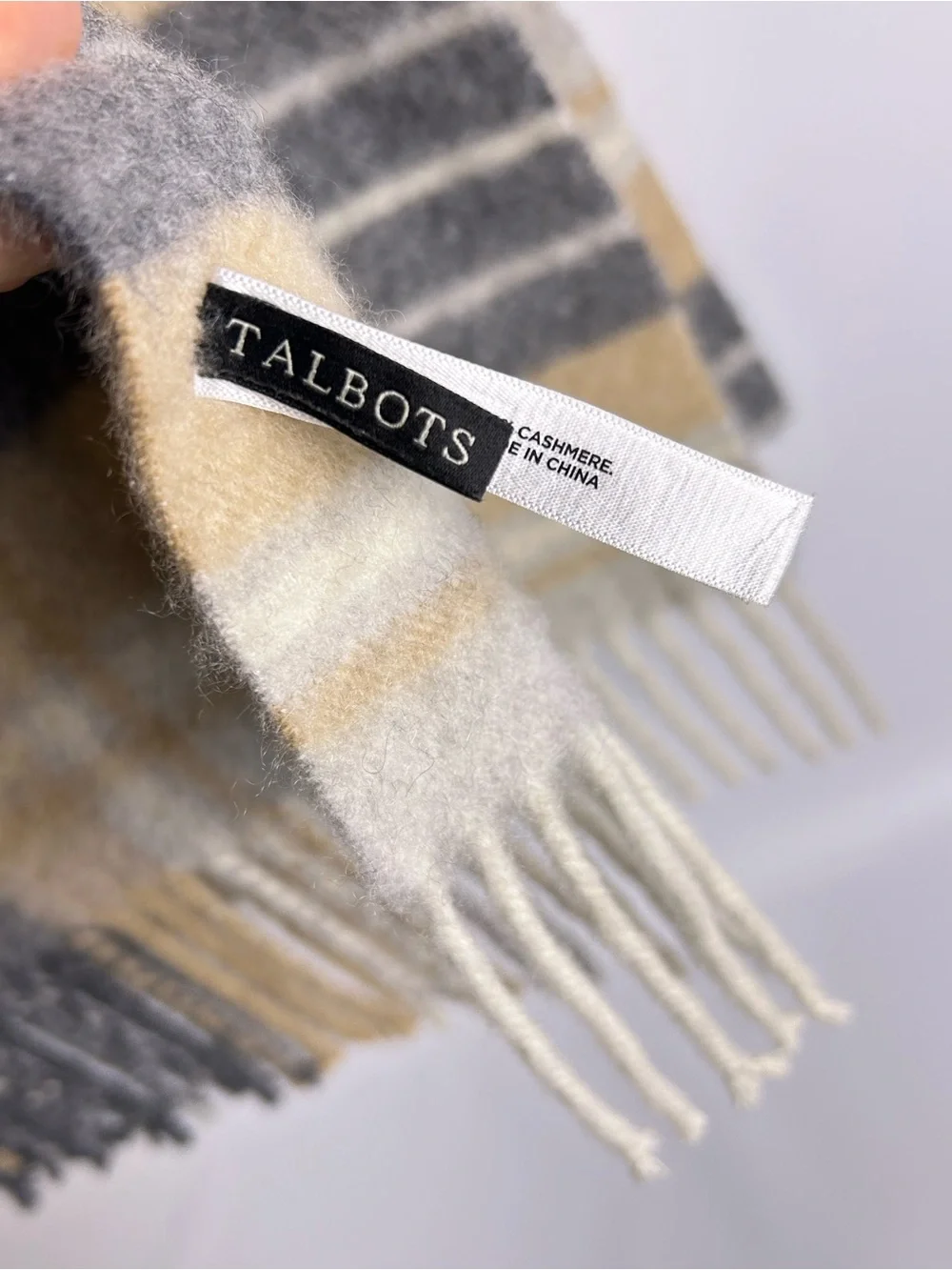 Talbots 100% Cashmere Plaid Scarf Beige Gray Blue Fringe 71”